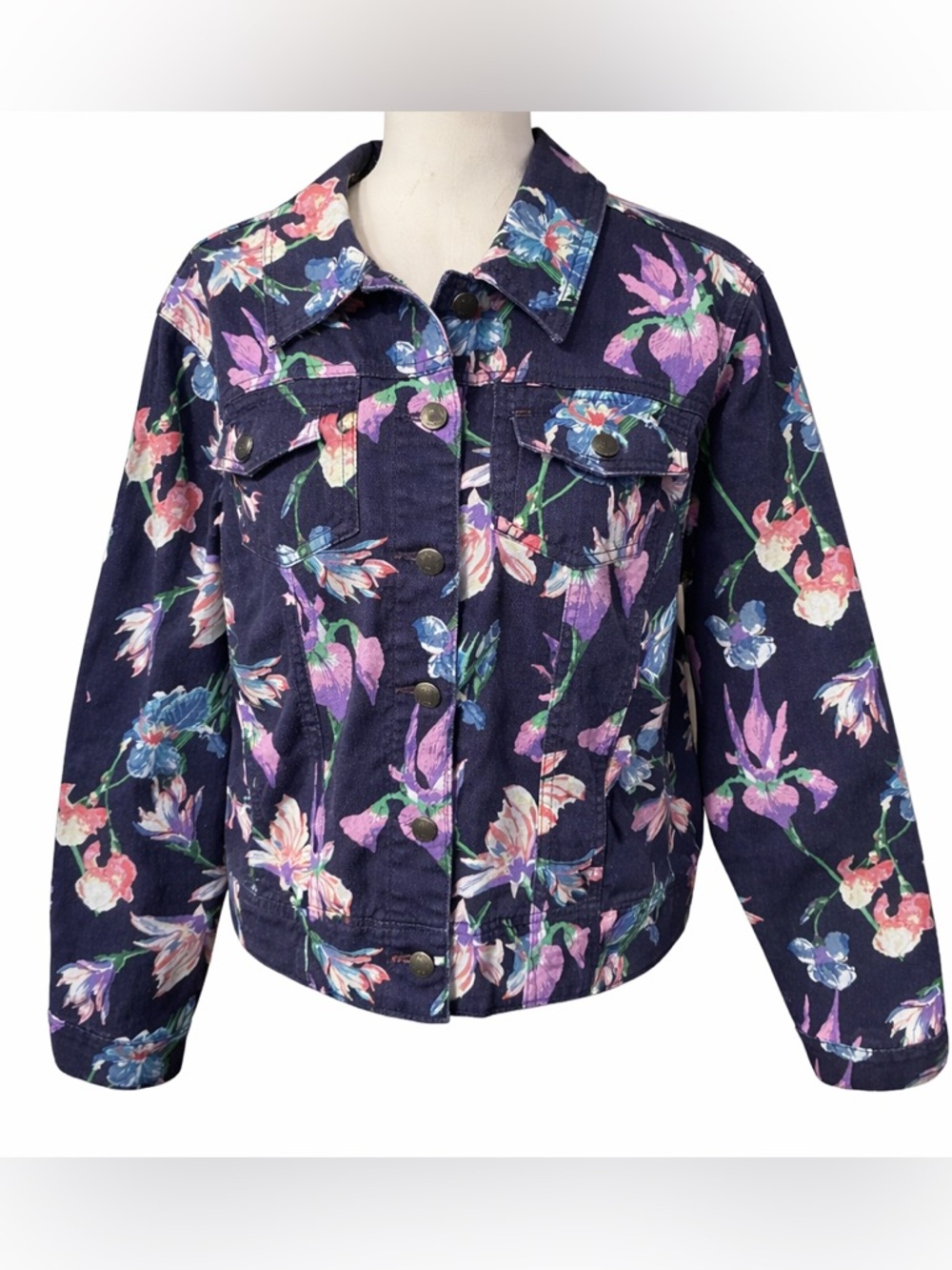 VENUS Denim Navy Floral Print Jacket with Multicolor Blooms 1X